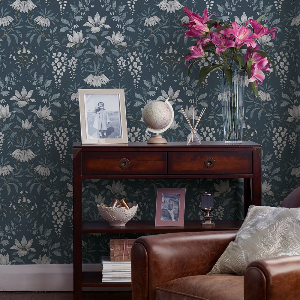 Parterre Floral Wallpaper 113404 by Laura Ashley in Dark Seaspray Blue